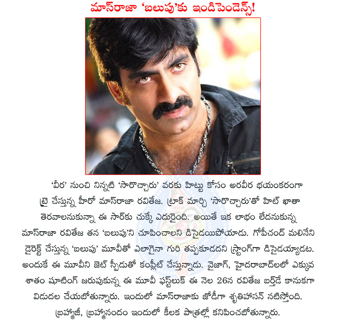 mass maharaja ravi teja,raviteja new movie balupu,balupu movie,actor ravi teja,actress sruthi hassas,mass maharaja,balupu movie news,balupu movie details,january 26th balupu first look release,ravi teja birthday jan 26th  mass maharaja ravi teja, raviteja new movie balupu, balupu movie, actor ravi teja, actress sruthi hassas, mass maharaja, balupu movie news, balupu movie details, january 26th balupu first look release, ravi teja birthday jan 26th